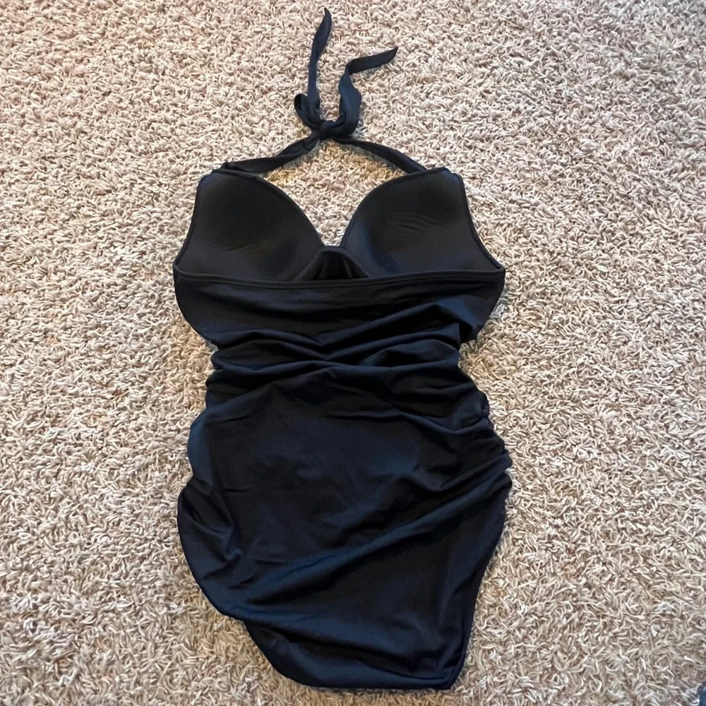 Victoria's Secret Black Ruched Halter One‎ Piece Swimsuit Gold Hardware Large